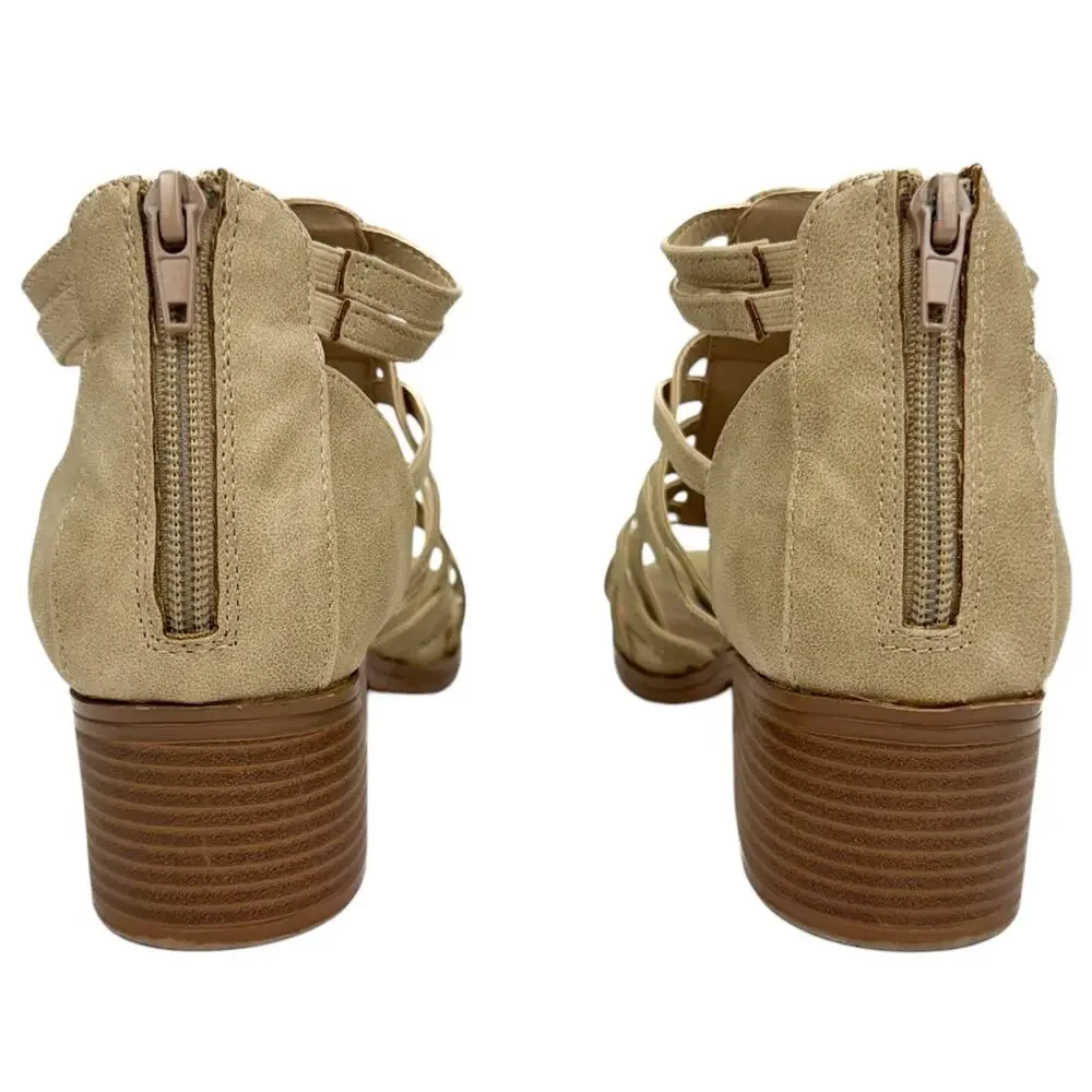 Justice Tan Western Faux Leather Metallic Strappy Block Low Heel Sandals 8 Girls